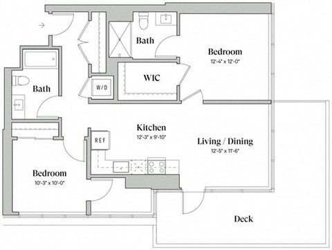 Floor plan for 2 beds, 2 baths, 986 sqft
