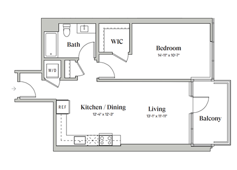Floor plan for 1 bed, 1 bath, 754 sqft