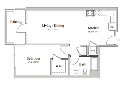 Floor plan for 1 bed, 1 bath, 760 sqft