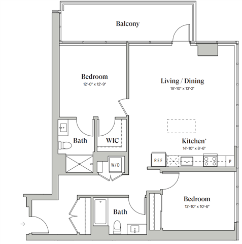 Floor plan for 2 beds, 2 baths, 1182 sqft