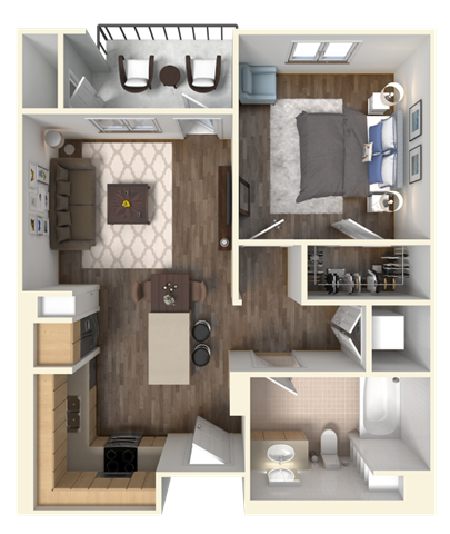 Floor plan for 1 bed, 1 bath, 605 sqft