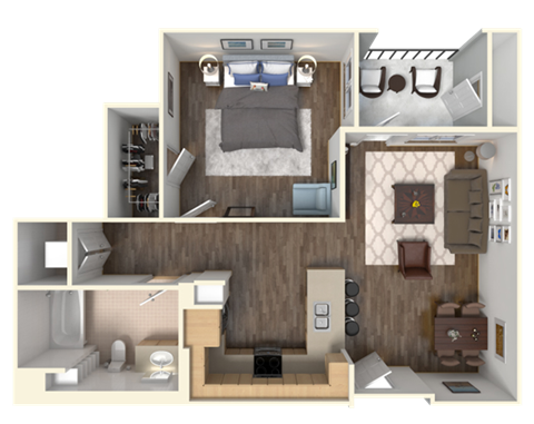 Floor plan for 1 bed, 1 bath, 709 sqft