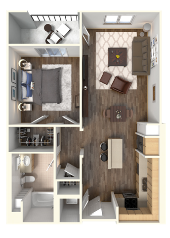 Floor plan for 1 bed, 1 bath, 743 sqft