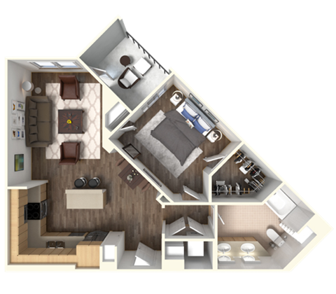 Floor plan for 1 bed, 1 bath, 750 sqft