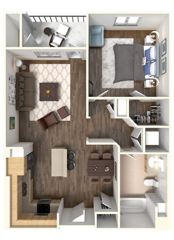 Floor plan for 1 bed, 1 bath, 746 sqft