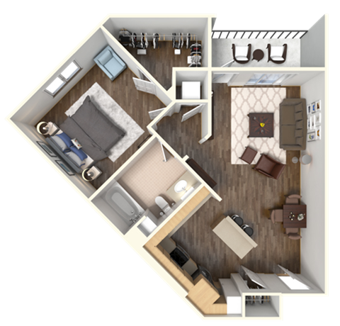 Floor plan for 1 bed, 1 bath, 769 sqft