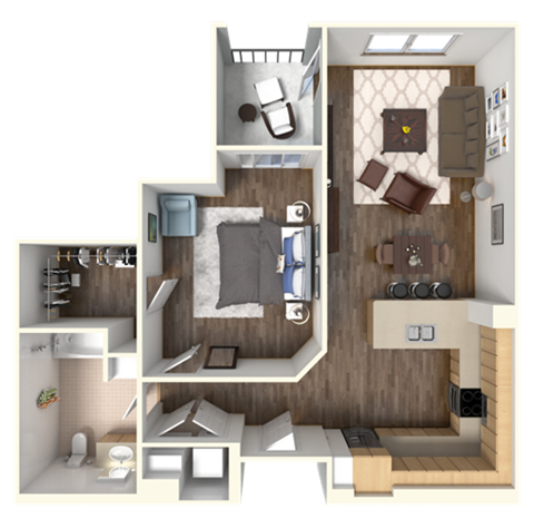 Floor plan for 1 bed, 1 bath, 782 sqft
