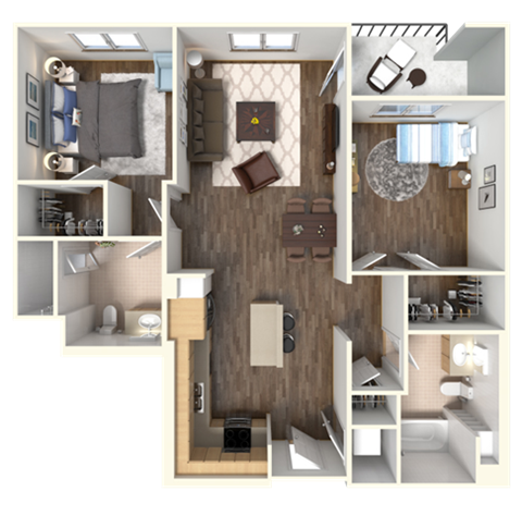 Floor plan for 2 beds, 2 baths, 999 sqft