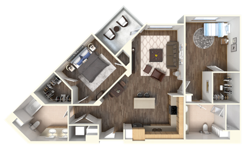 Floor plan for 2 beds, 2 baths, 1067 sqft
