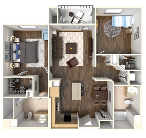 Floor plan for 2 beds, 2 baths, 1091 sqft