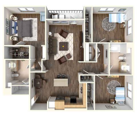 Floor plan for 3 beds, 2 baths, 1287 sqft