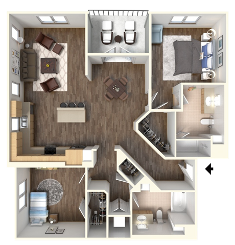 Floor plan for 2 beds, 2 baths, 1166 sqft
