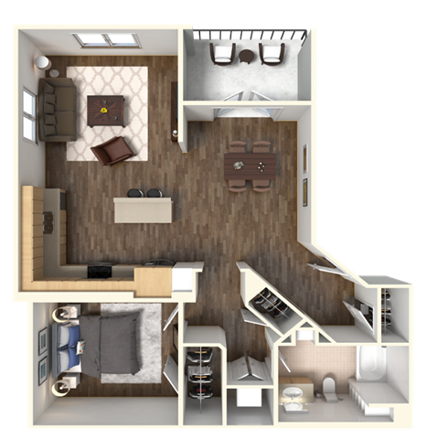 Floor plan for 1 bed, 1 bath, 878 sqft