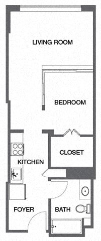 Floor plan for 1 bed, 1 bath, 490 sqft