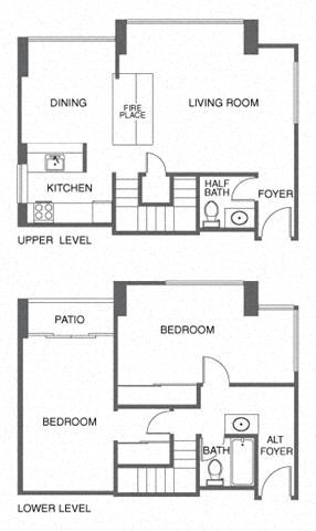 Floor plan for 2 beds, 1.5 baths