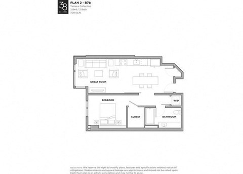 Floor plan for 1 bed, 1 bath, 708 sqft