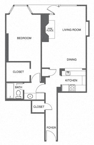 Floor plan for 1 bed, 1 bath, 764 sqft