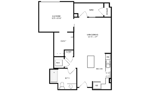 Floor plan for 1 bed, 1 bath, 644 sqft