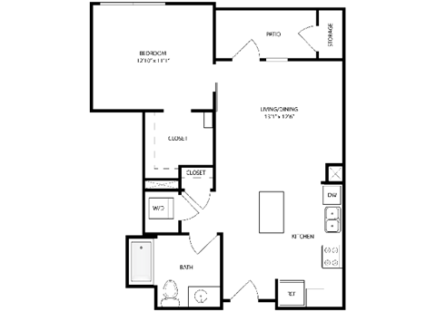 Floor plan for 1 bed, 1 bath, 654 sqft