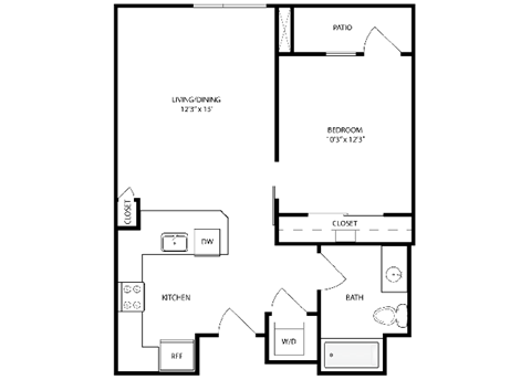 Floor plan for 1 bed, 1 bath, 601 sqft