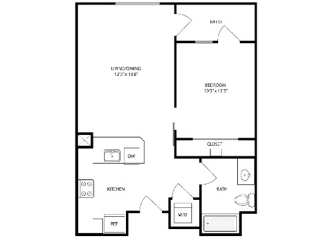 Floor plan for 1 bed, 1 bath, 630 sqft