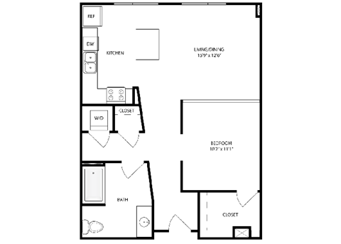 Floor plan for 1 bed, 1 bath, 695 sqft