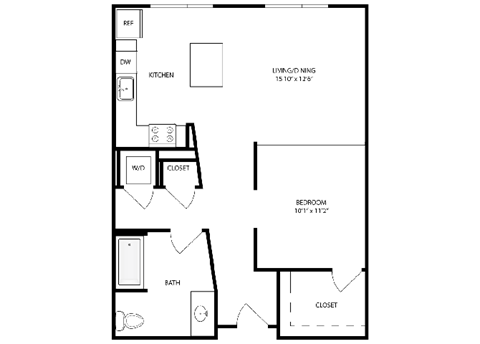 Floor plan for 1 bed, 1 bath, 701 sqft