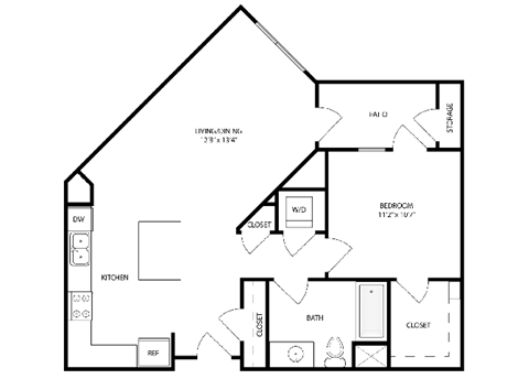 Floor plan for 1 bed, 1 bath, 739 sqft