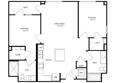 Floor plan for 2 beds, 2 baths, 944 sqft