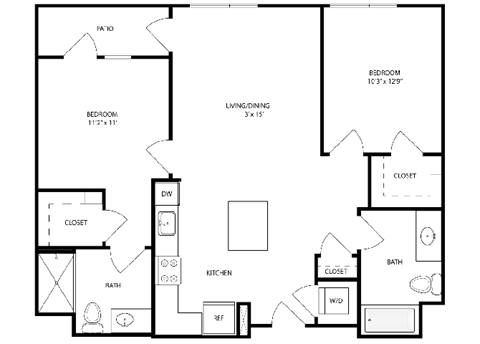 Floor plan for 2 beds, 2 baths, 964 sqft