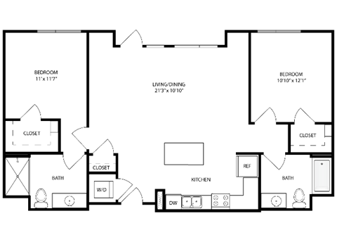 Floor plan for 2 beds, 2 baths, 1022 sqft
