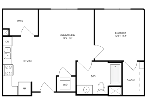 Floor plan for 1 bed, 1 bath, 538 sqft