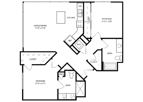 Floor plan for 2 beds, 2 baths, 1129 sqft