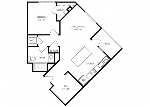 Floor plan for 1 bed, 1 bath, 728 sqft