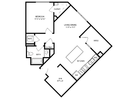 Floor plan for 1 bed, 1 bath, 818 sqft
