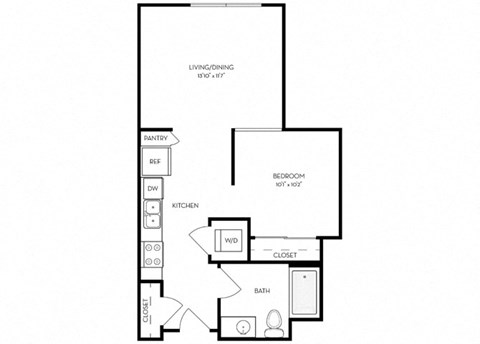 Floor plan for studio, 1 bath, 521 sqft