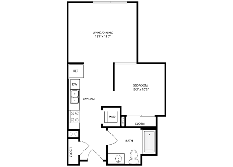 Floor plan for studio, 1 bath, 532 sqft