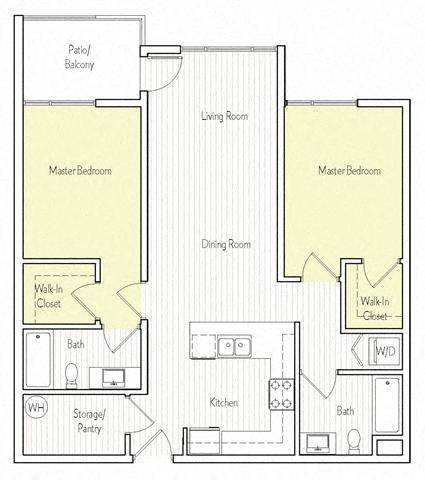 Floor plan for 2 beds, 2 baths, 1010 sqft