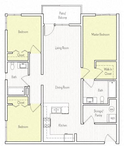 Floor plan for 3 beds, 2 baths, 1150 sqft