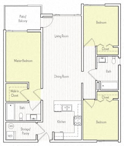 Floor plan for 3 beds, 2 baths, 1152 sqft
