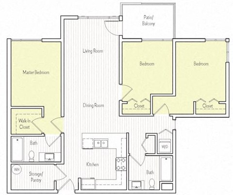 Floor plan for 3 beds, 2 baths, 1159 sqft