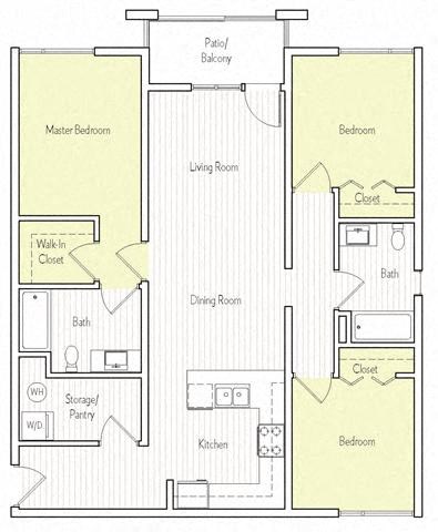 Floor plan for 3 beds, 2 baths, 1170 sqft