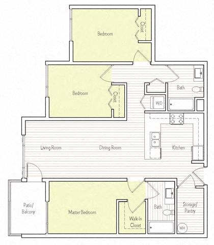 Floor plan for 3 beds, 2 baths, 1174 sqft