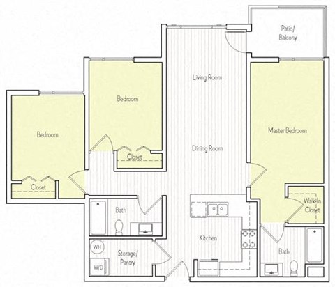 Floor plan for 3 beds, 2 baths, 1176 sqft