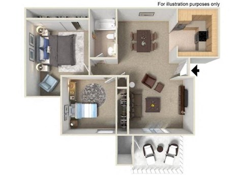 Floor plan for 2 beds, 1 bath, 900 sqft