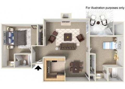 Floor plan for 2 beds, 2 baths, 1000 sqft