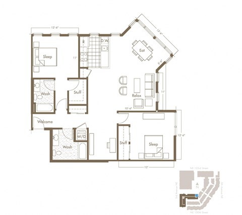 Floor plan for 2 beds, 2 baths, 1293 sqft