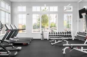 Austin apartment for rent - A gym with treadmills, dumbbells, and a rowing machine.