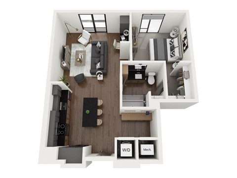 Floor plan for 1 bed, 1 bath, 808 sqft