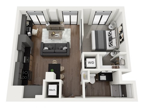 Floor plan for 1 bed, 1 bath, 626 sqft